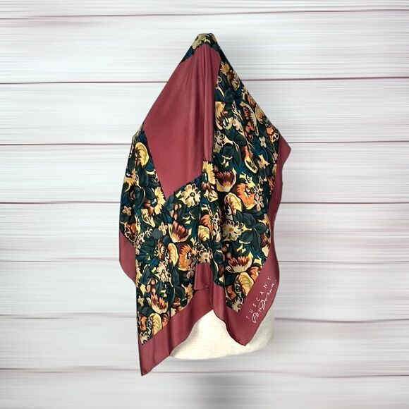 Tuscany Per Donna Silk Crepe Scarf Hand Rolled Mauve Taupe Floral - Picture 3 of 12